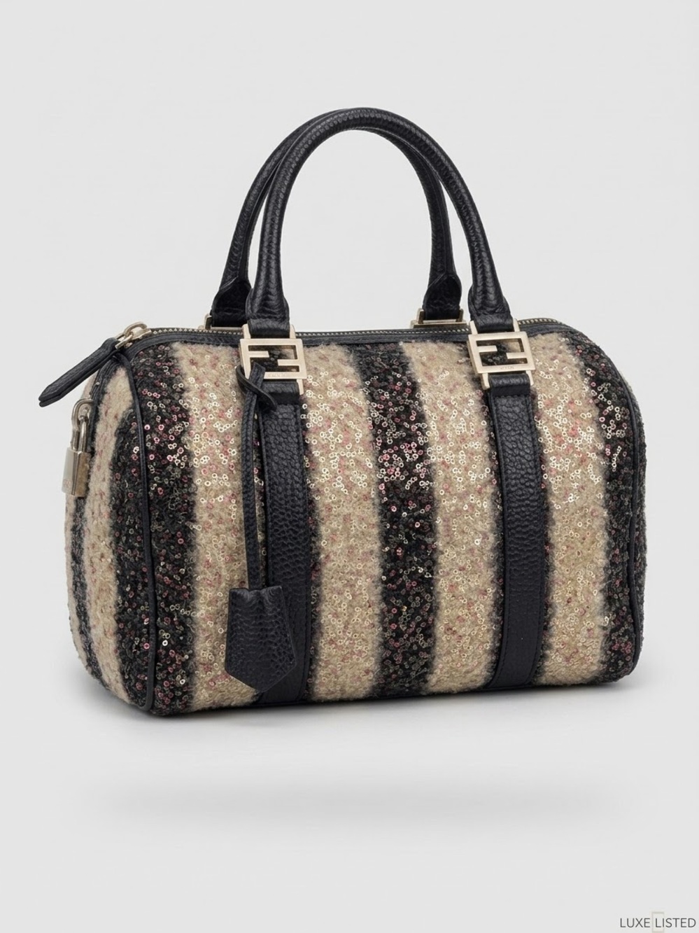 Fendi Striped Sequin Wool Satchel in Black and Beige